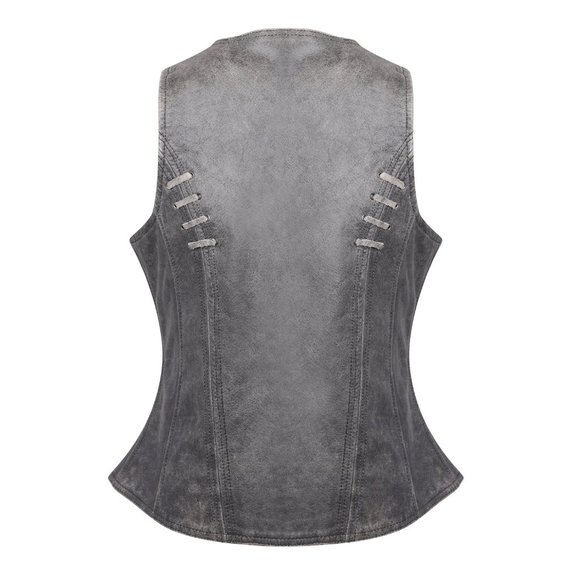 Ladies Lightweight Distressed Gray Leather Vest with Grommeted Twill and Lace - Picture 3 of 6